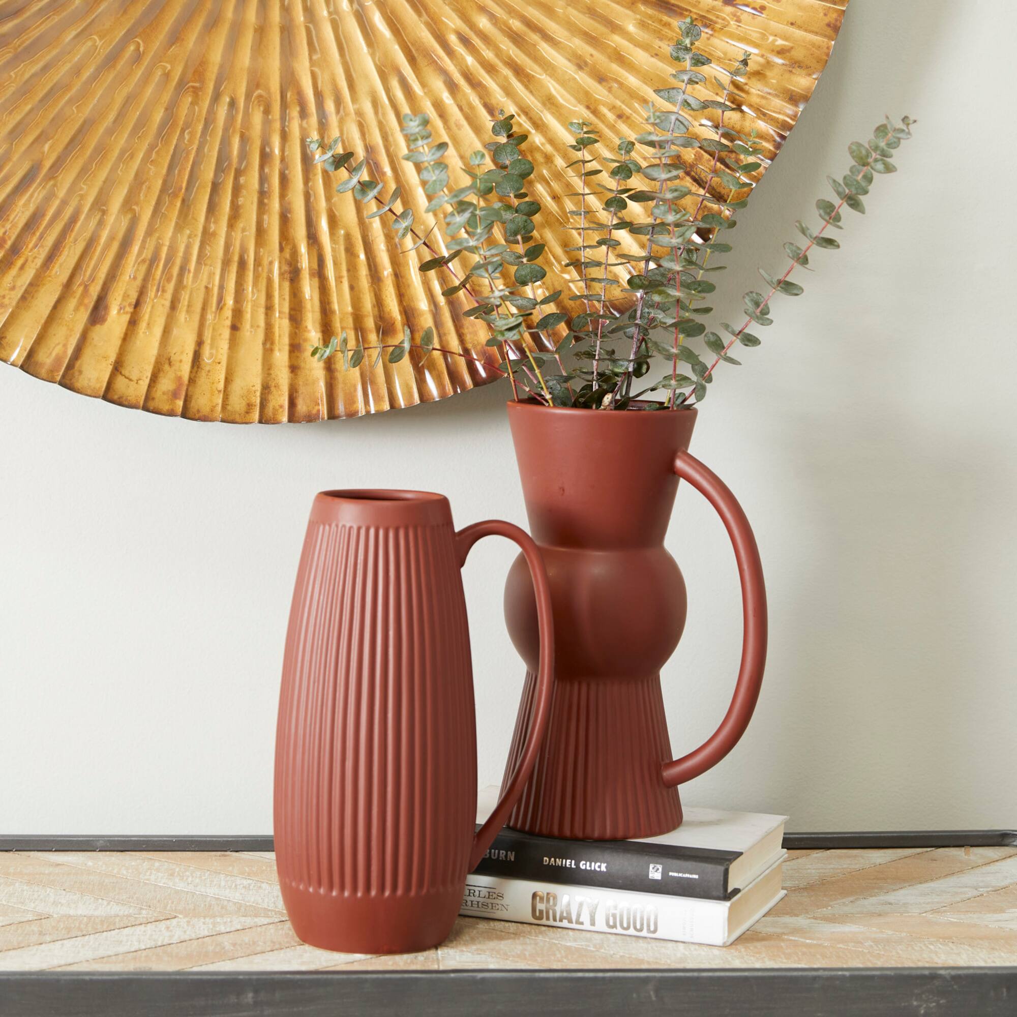Set of 2" Maroon Stoneware Contemporary Vase 12" x 7" x 5"